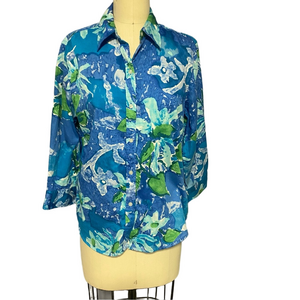 Chaps Blue Green Floral Cotton Shirt Size PL